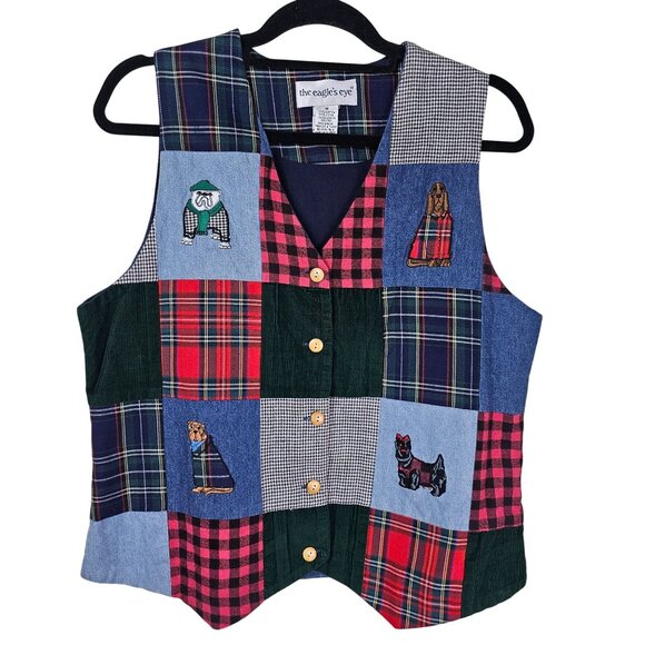 VTG The Eagles Eye Patchwork Vest M Dogs Houndstooth Corduroy Eclectic Teacher - Picture 1 of 12